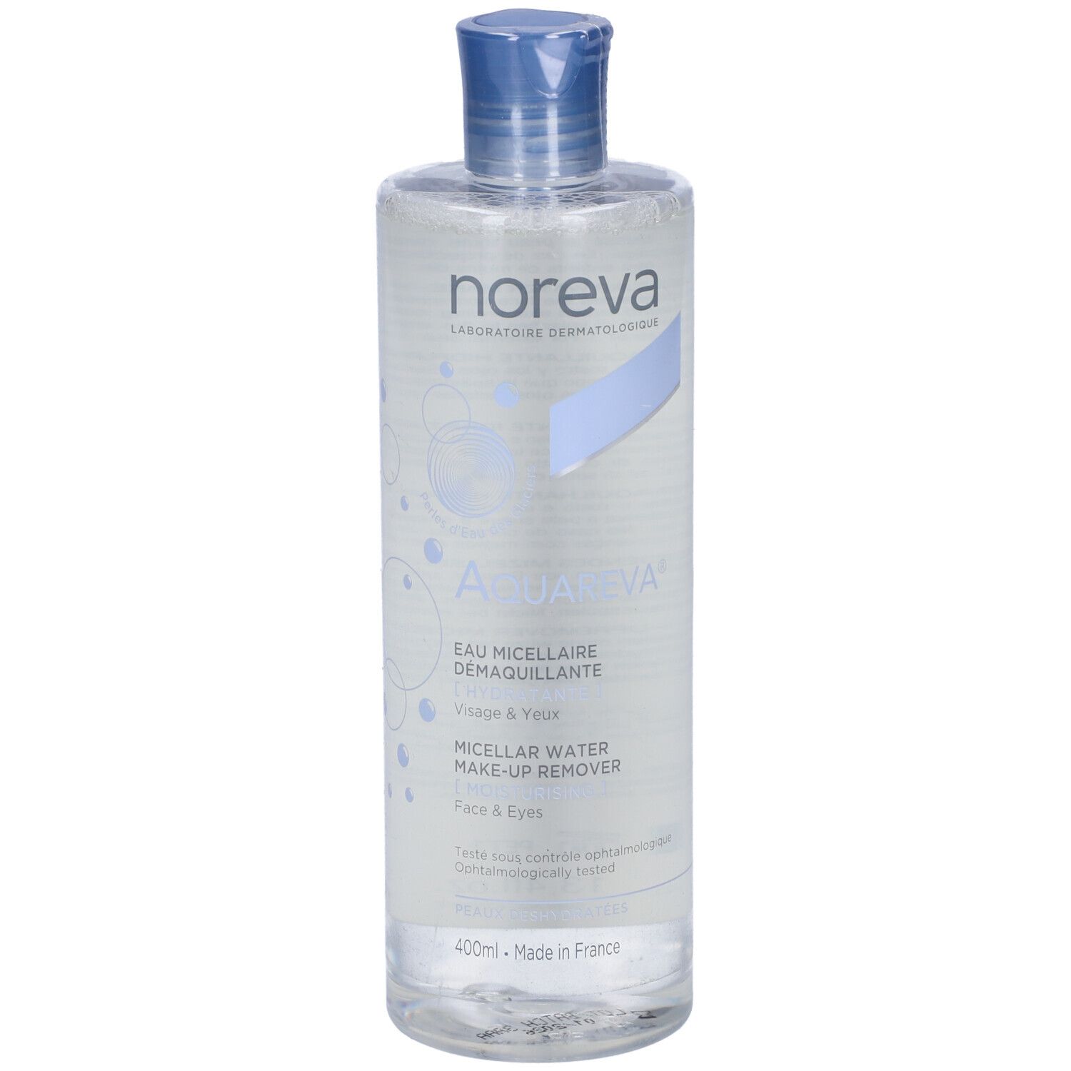 Flacone trasparente Noreva Aquareva, tappo blu. Scritta: Aquareva, Eau Micellaire Demaquillante, Visage & Yeux.
