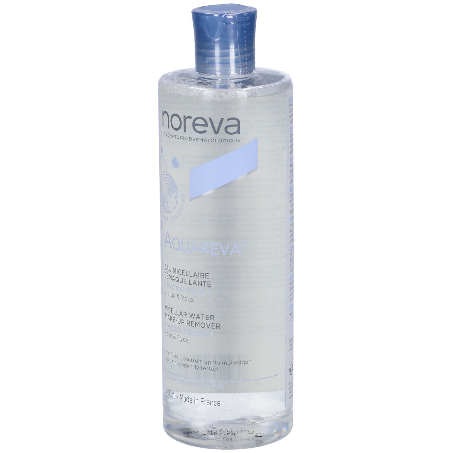 Flacone trasparente Noreva Aquareva, tappo blu. Scritta: Aquareva, Eau Micellaire Demaquillante, Visage & Yeux.