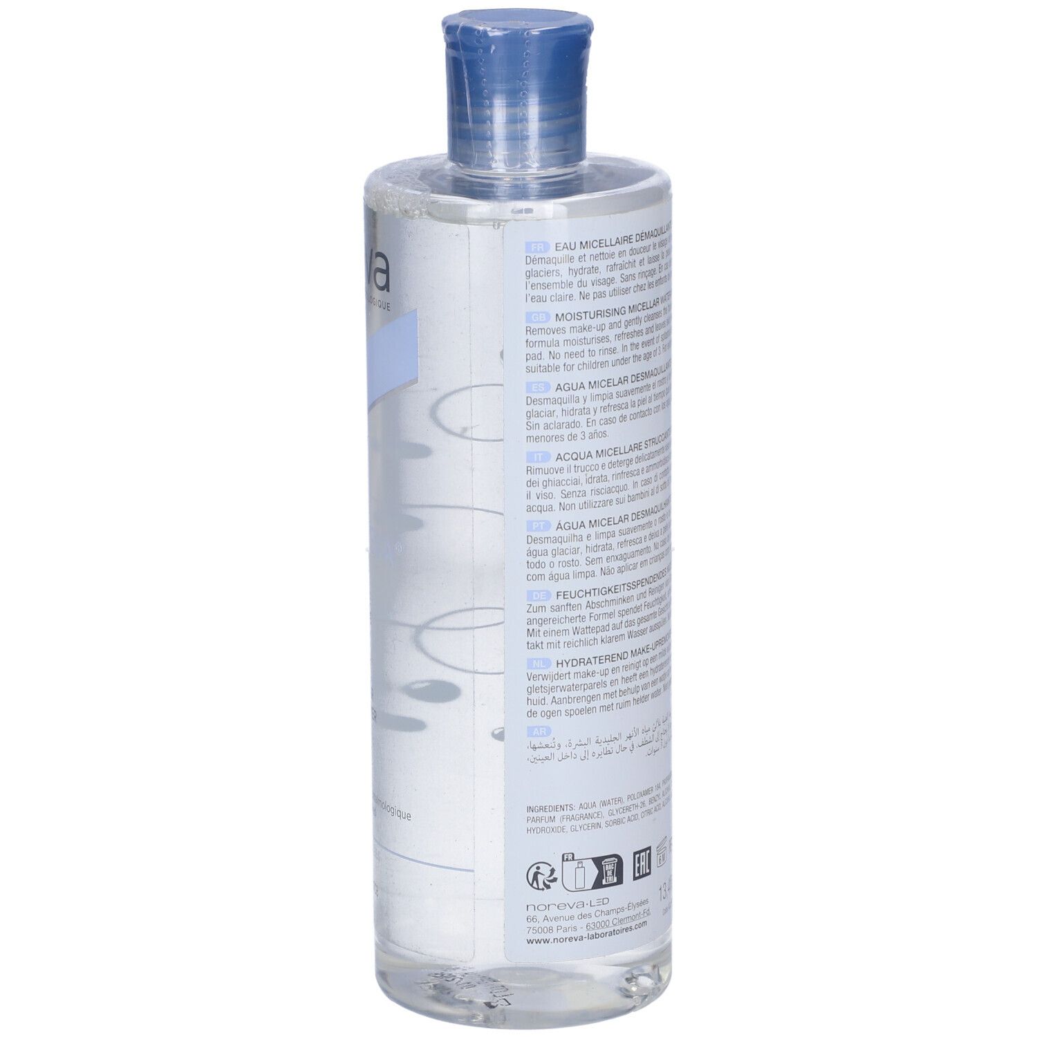 Retro del flacone Noreva Aquareva. Testo multilingue. Etichetta blu e bianca.