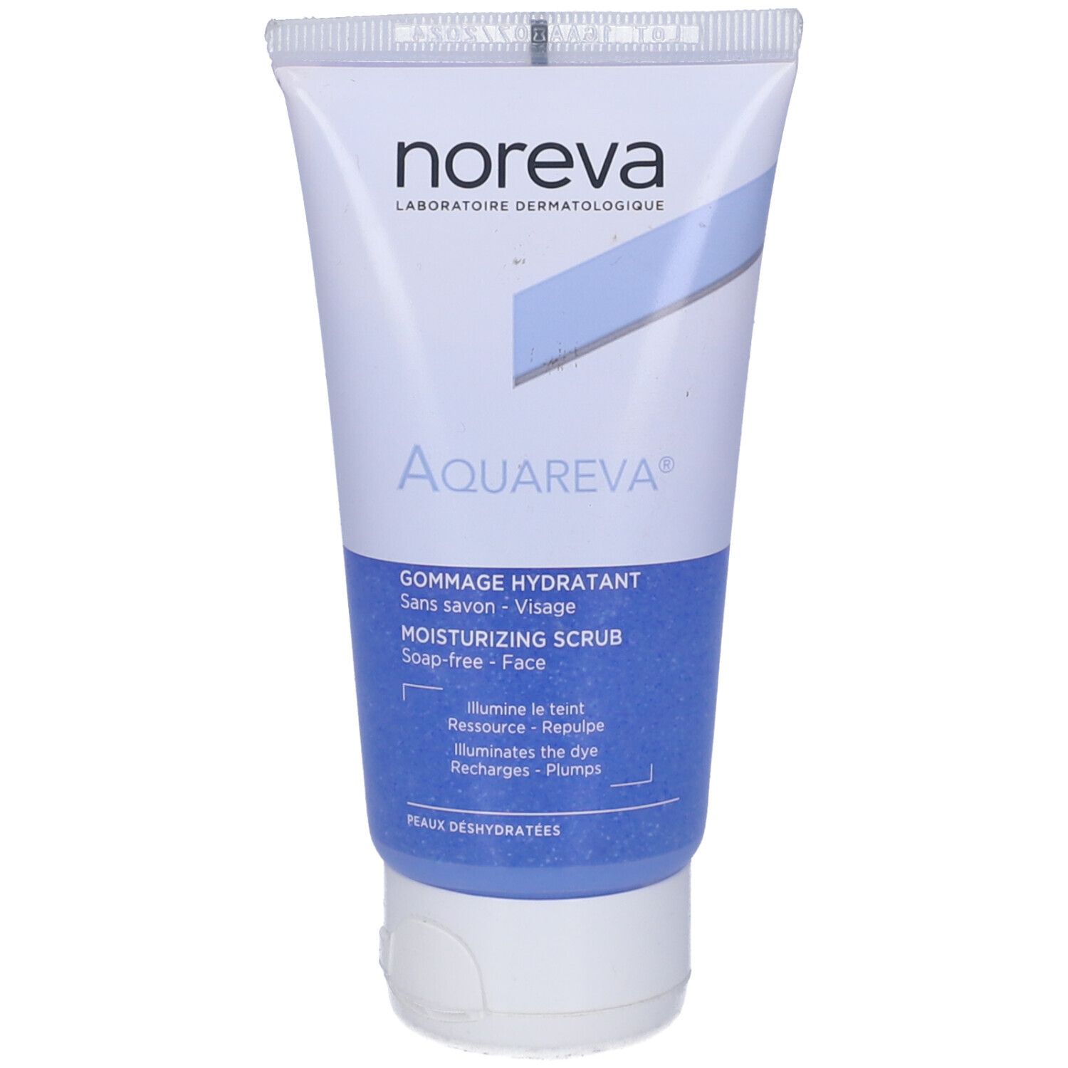 Tubo bianco e blu con testo. In alto: logo Noreva. Al centro: scritta Aquareva. In basso: Gommage Hydratant, Moisturizing Scrub.