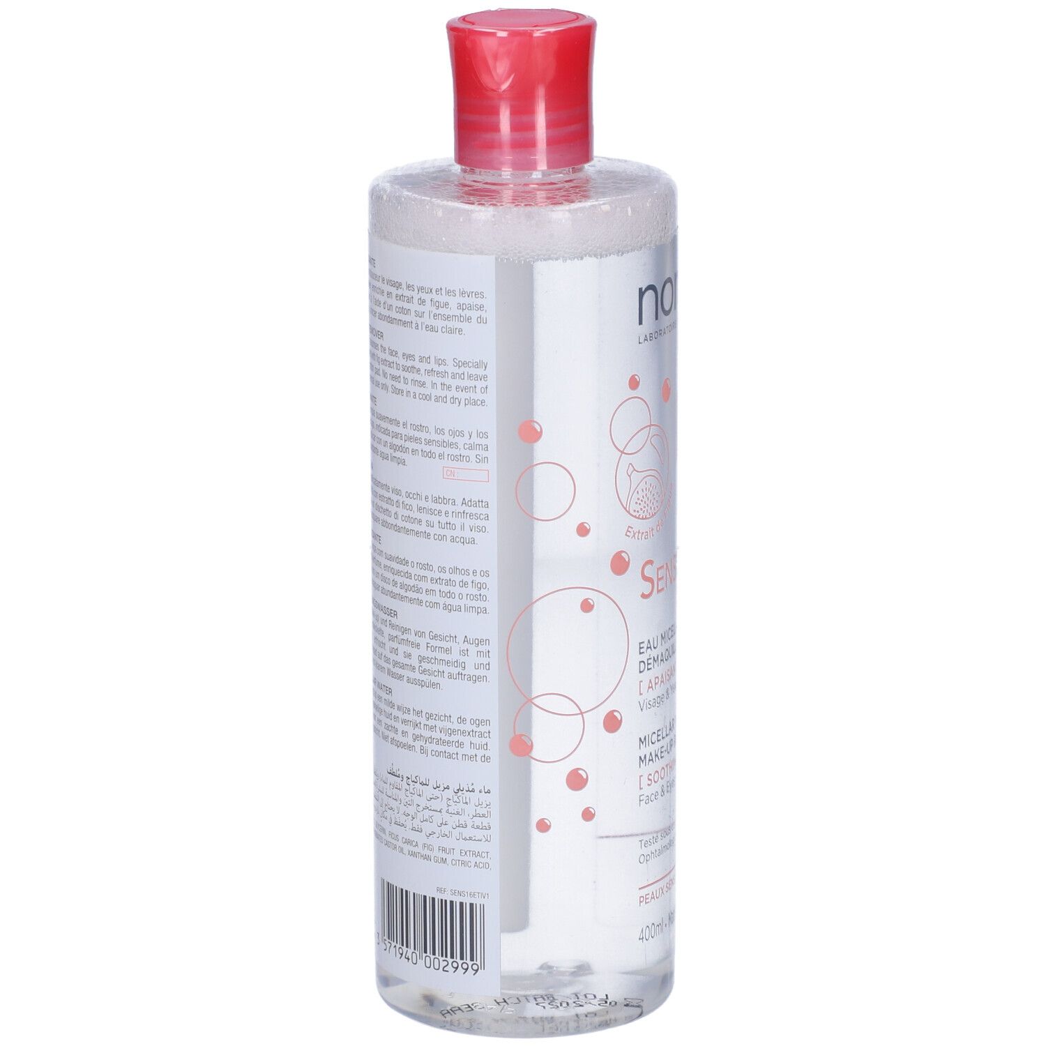 Retro di un flacone trasparente con tappo rosso. Testo multilingue. Scritta: Noreva Sensidiane, 400ml.