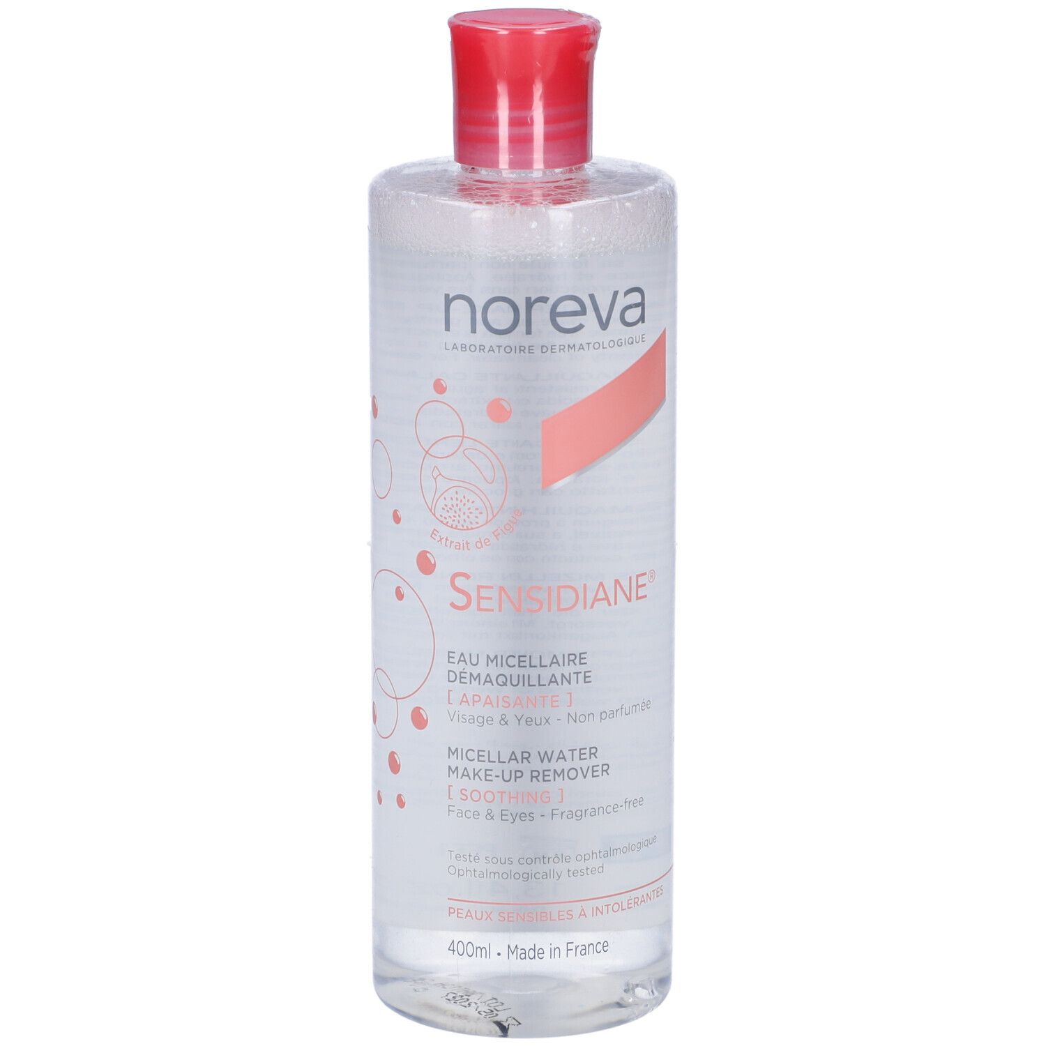 Flacone trasparente con tappo rosso. Scritte: Noreva Sensidiane, Eau Micellaire Demaquillante, Micellar Water Make-up Remover.