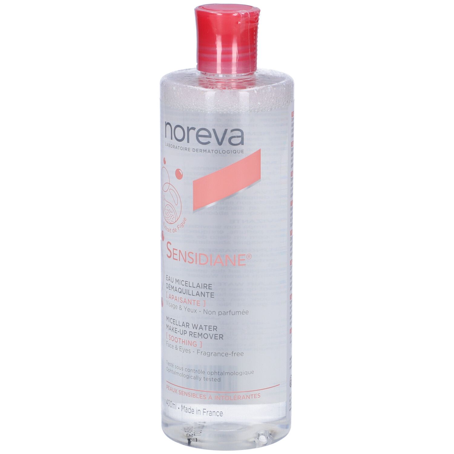 Flacone trasparente con tappo rosso. Scritte: Noreva Sensidiane, Eau Micellaire Demaquillante, Micellar Water Make-up Remover.