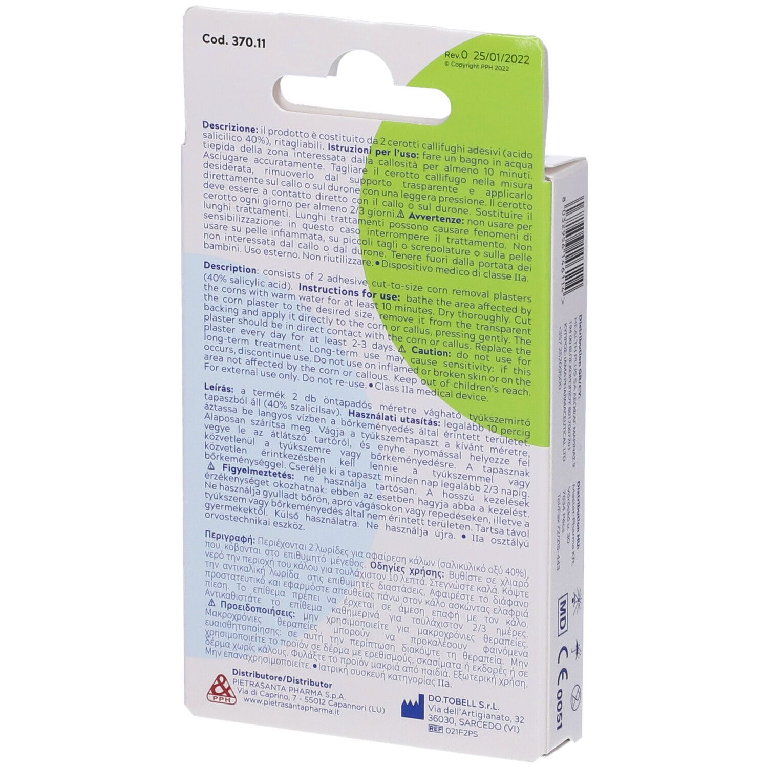 Retro della confezione con informazioni sul prodotto. Testo multilingue. Codice 370.11. Marchio CE.