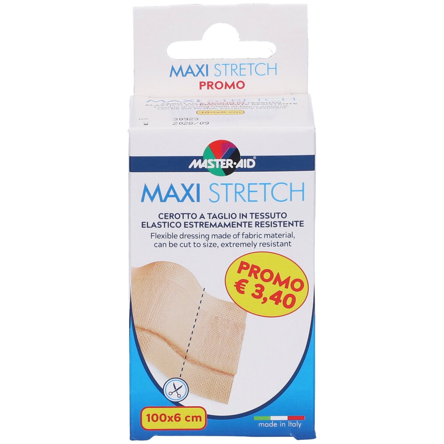 Confezione di cerotto Maxi Stretch. Dimensioni 100x6 cm. Con adesivo promozionale e prezzo.