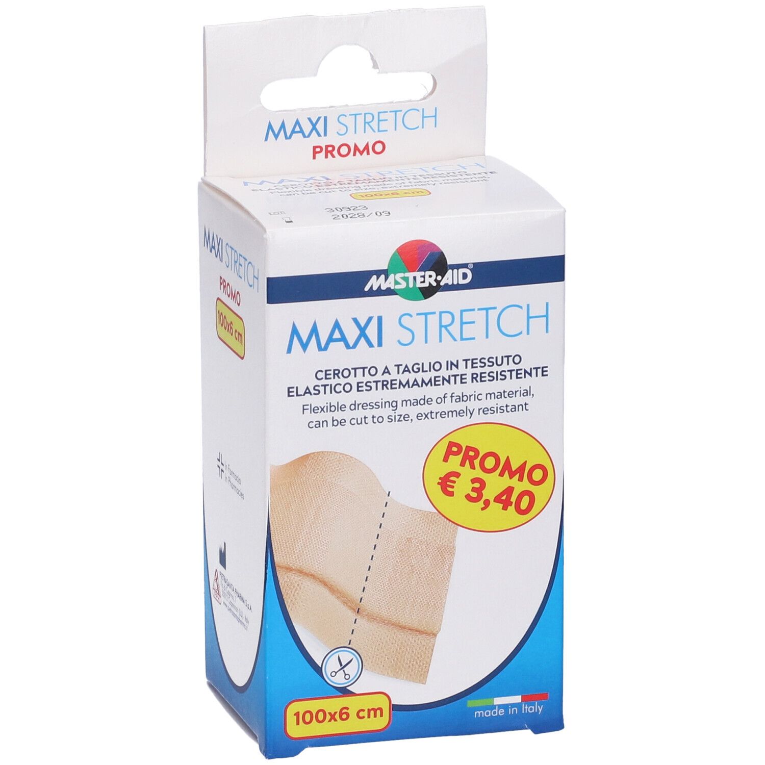 Confezione di cerotto Maxi Stretch. Dimensioni 100x6 cm. Con adesivo promozionale e prezzo.