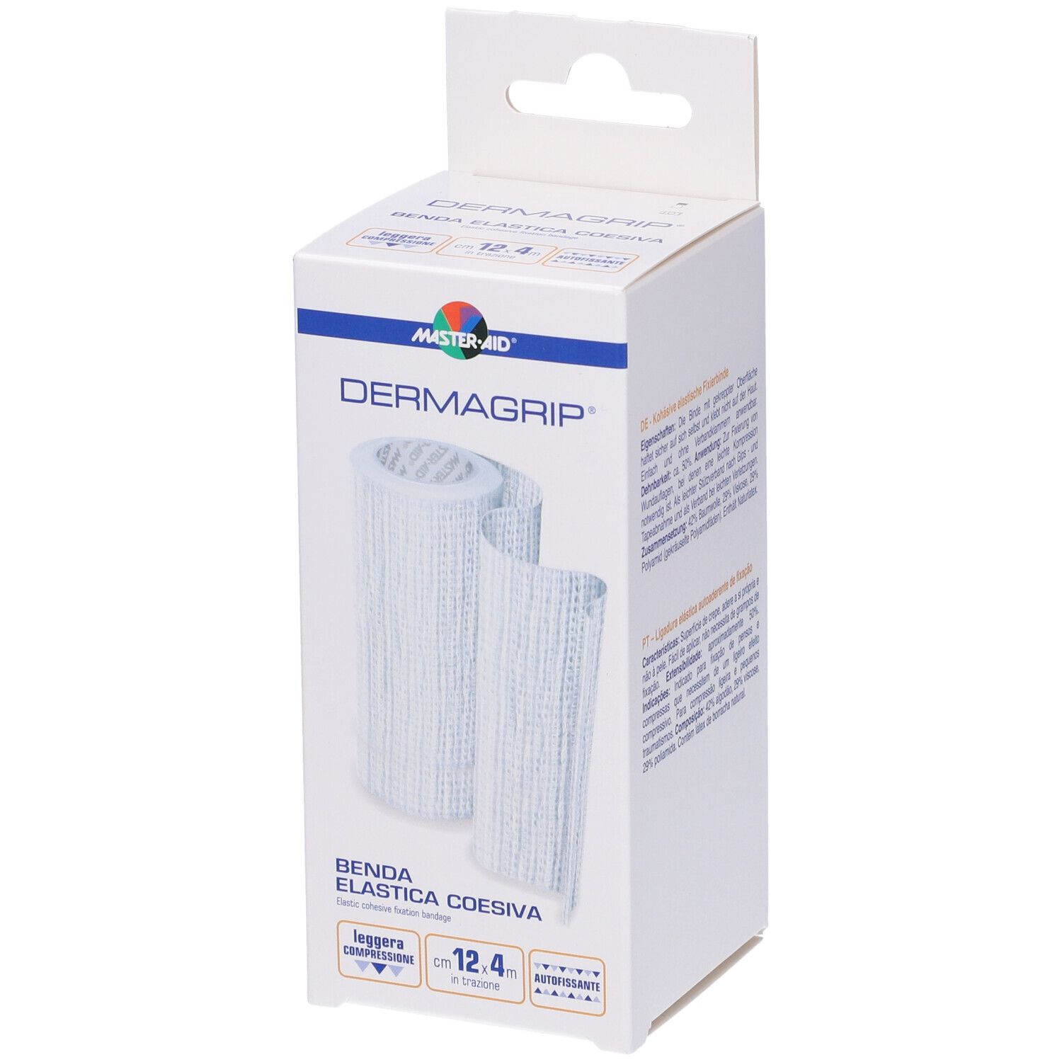 Confezione con benda elastica bianca. Scritta: Dermagrip, Benda Elastica Coesiva. Dimensioni: 12,4 cm.