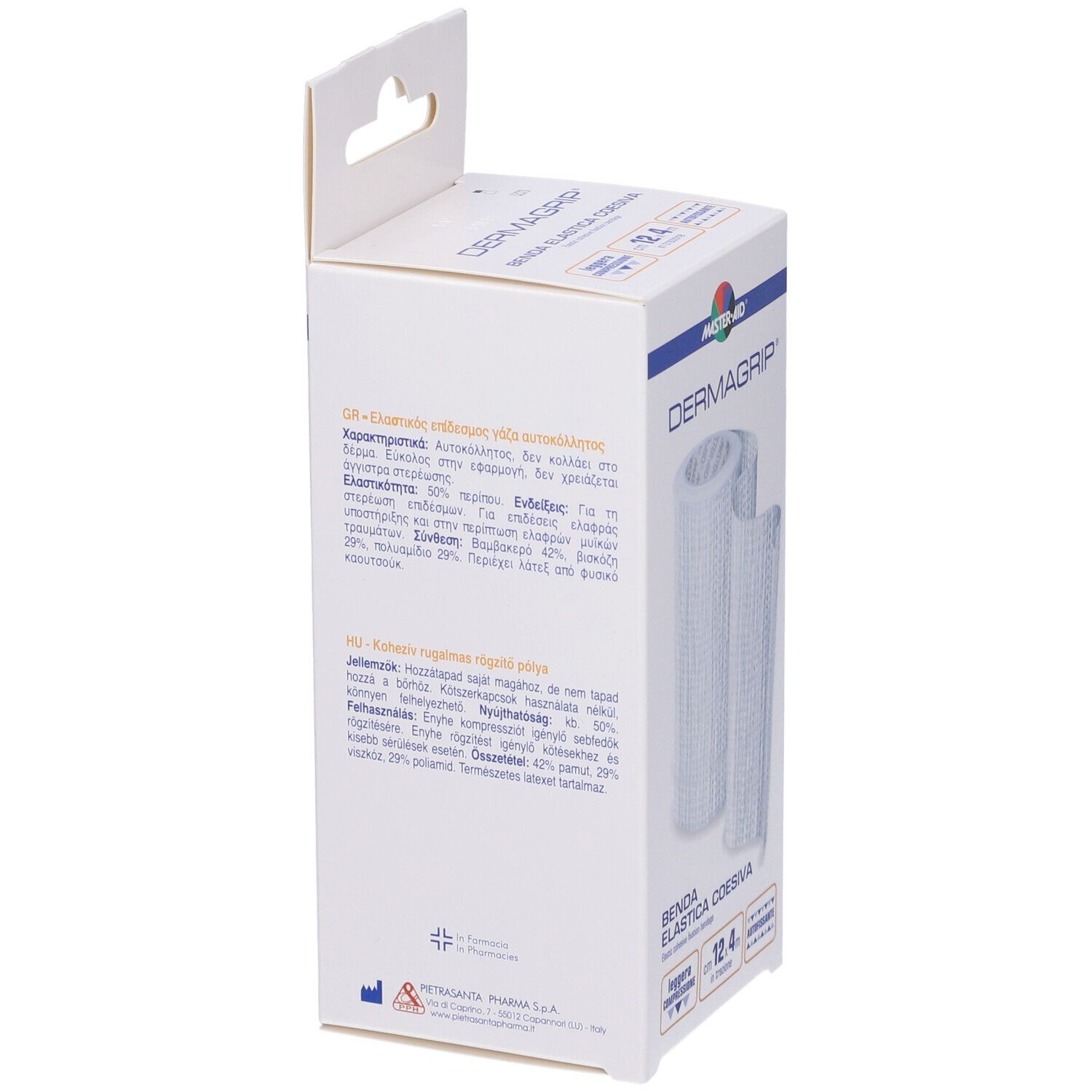 Confezione con benda elastica bianca. Scritta: Dermagrip, Benda Elastica Coesiva. Testo sul lato.