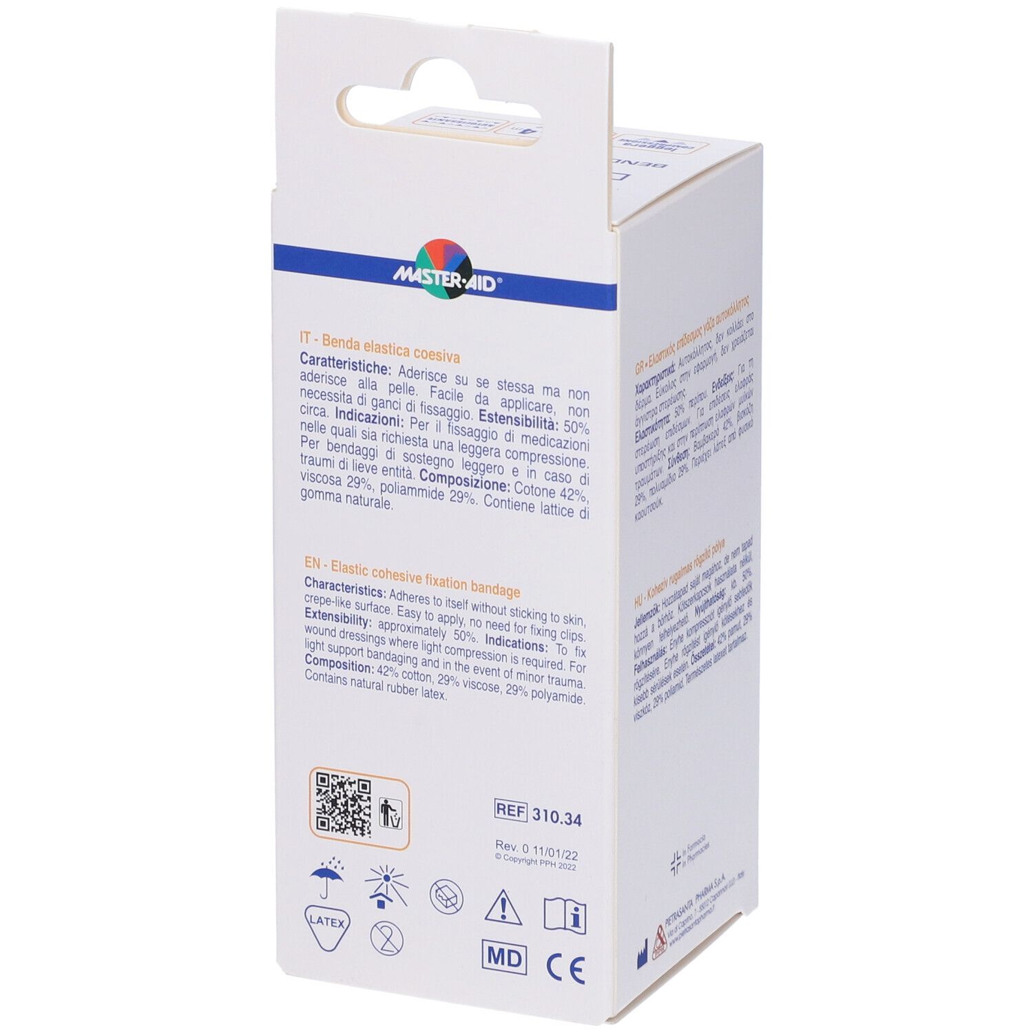 Confezione con benda elastica bianca. Scritta: Dermagrip, Benda Elastica Coesiva. Testo e simboli.