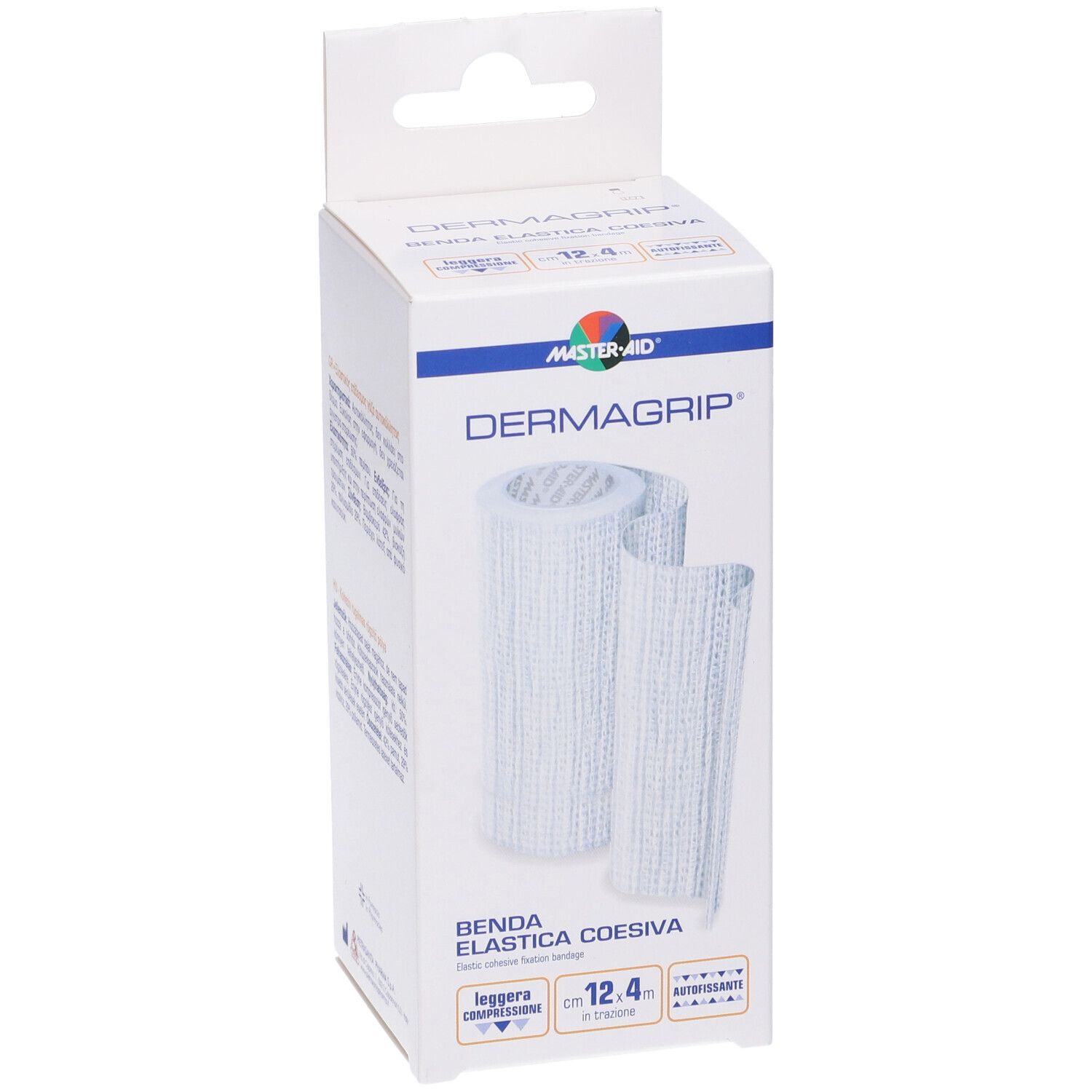 Confezione con benda elastica bianca. Scritta: Dermagrip, Benda Elastica Coesiva. Dimensioni: 12,4 cm.
