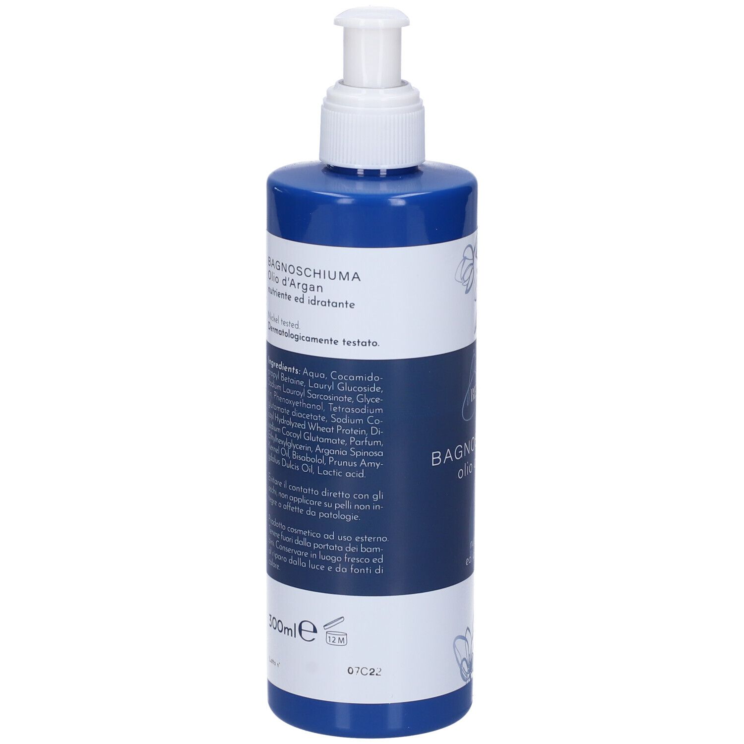 Retro del flacone. Contiene ingredienti e informazioni. 300ml. Dermatologicamente testato.