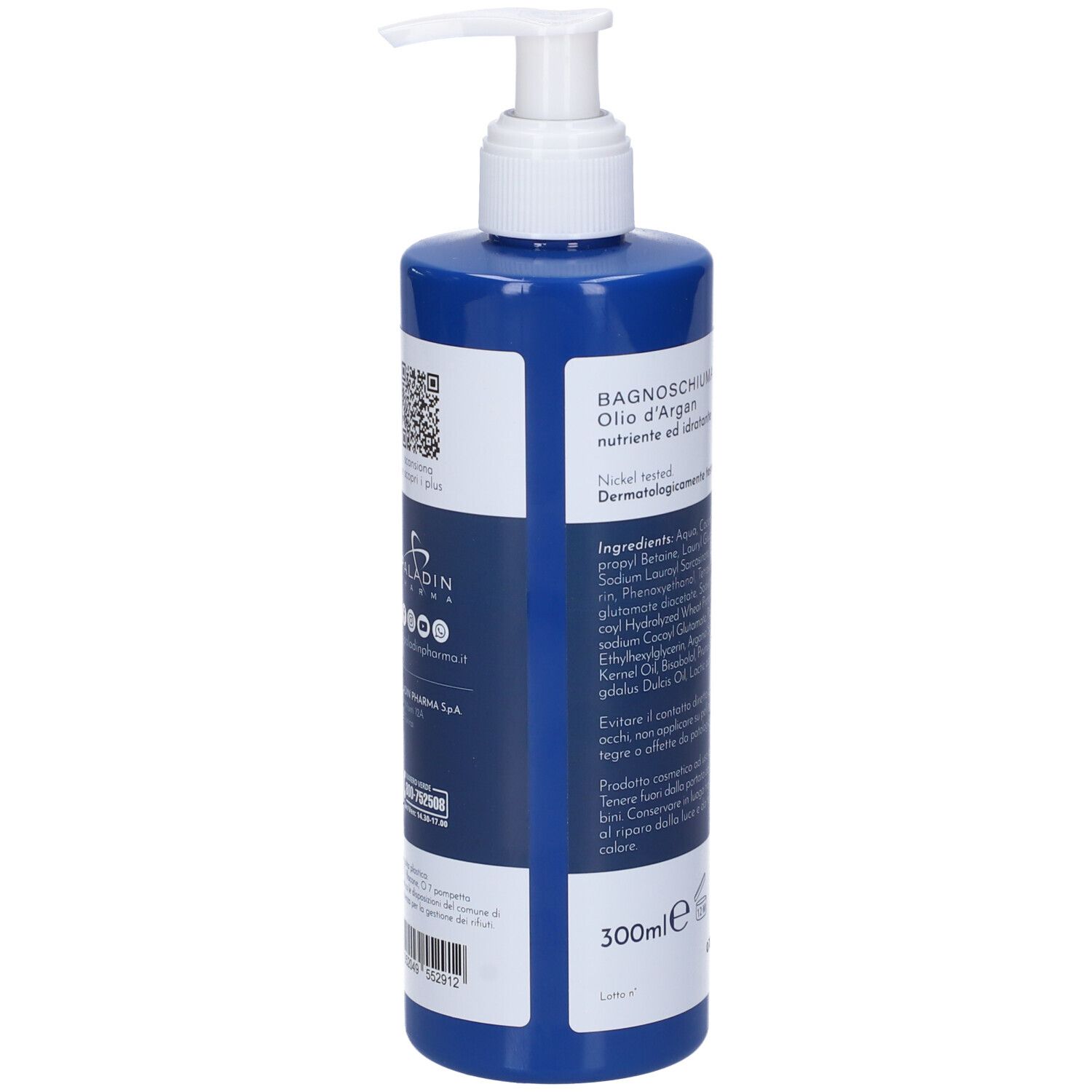 Retro del flacone. Contiene informazioni, codice QR e contatti. 300ml.