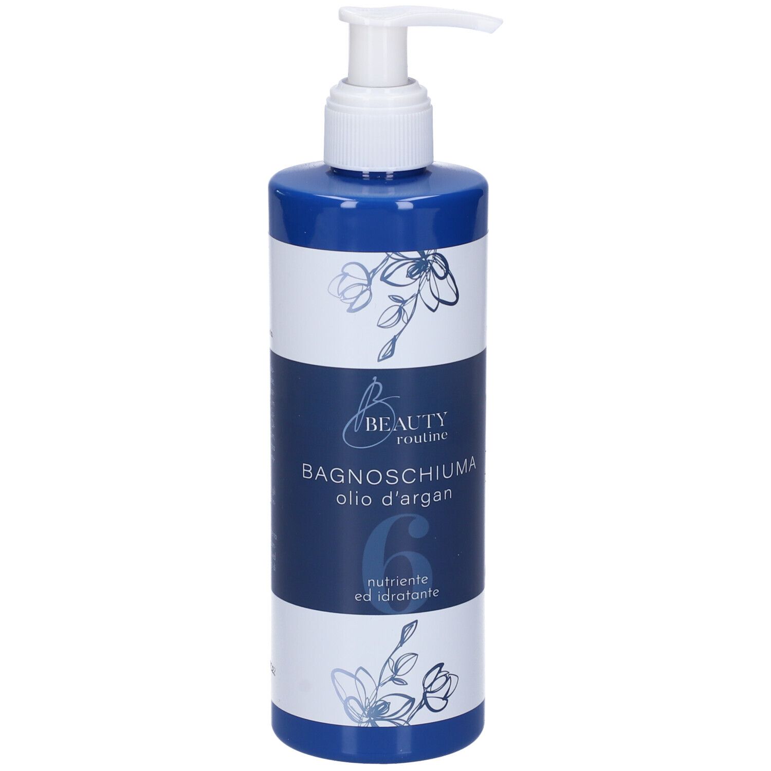 Flacone blu e bianco con pompa. Scritta: Bagnoschiuma olio d'argan. 6, nutriente e idratante.