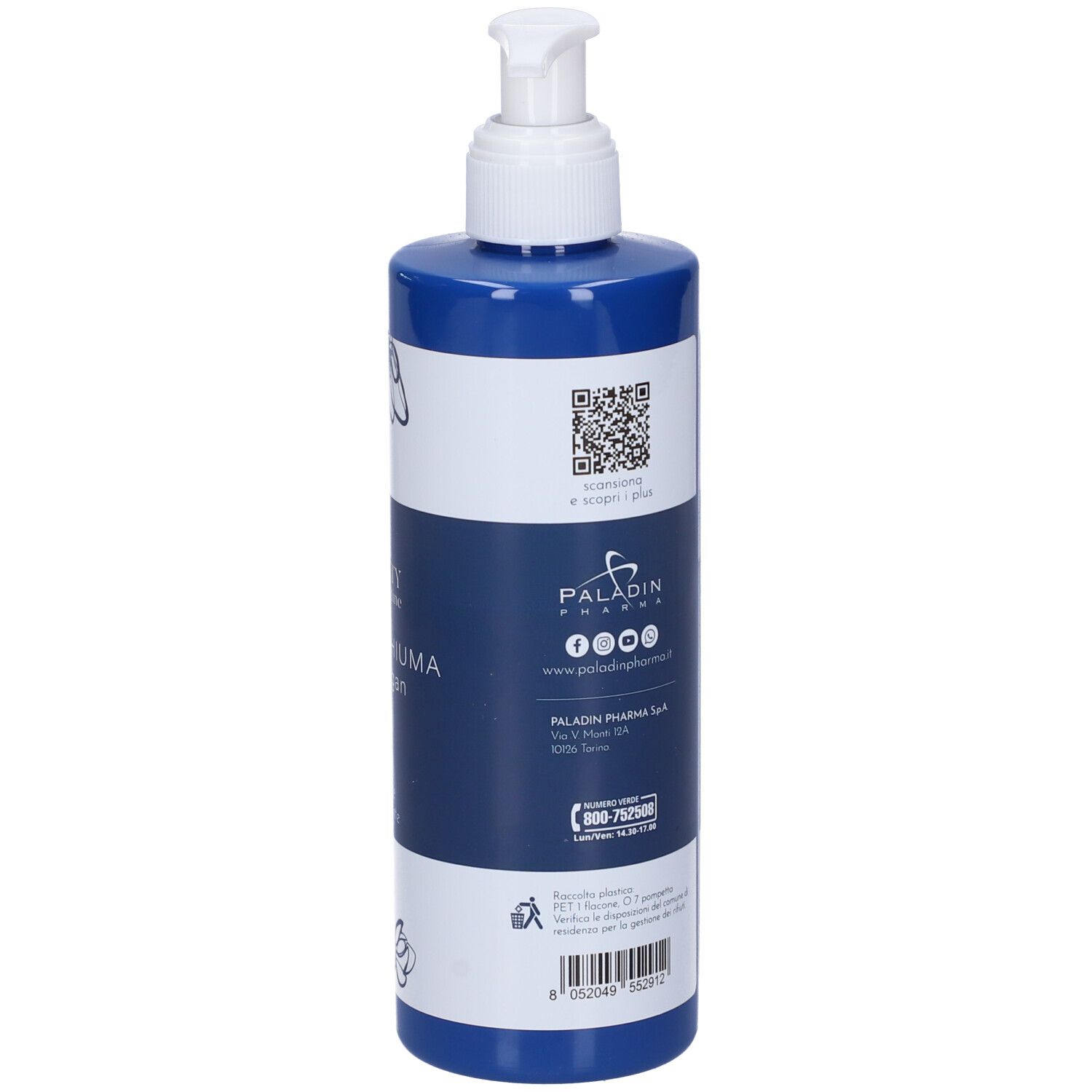 Retro del flacone. Contiene informazioni, codice QR e contatti. 300ml.