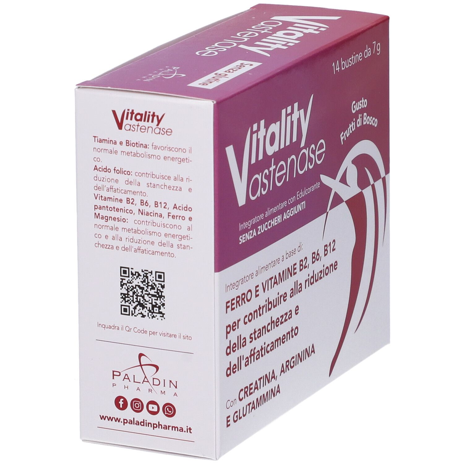 Vista angolata della confezione Vitality Astenase. Contiene 14 bustine da 7g. Gusto frutti di bosco. Logo Paladin Pharma e QR code.