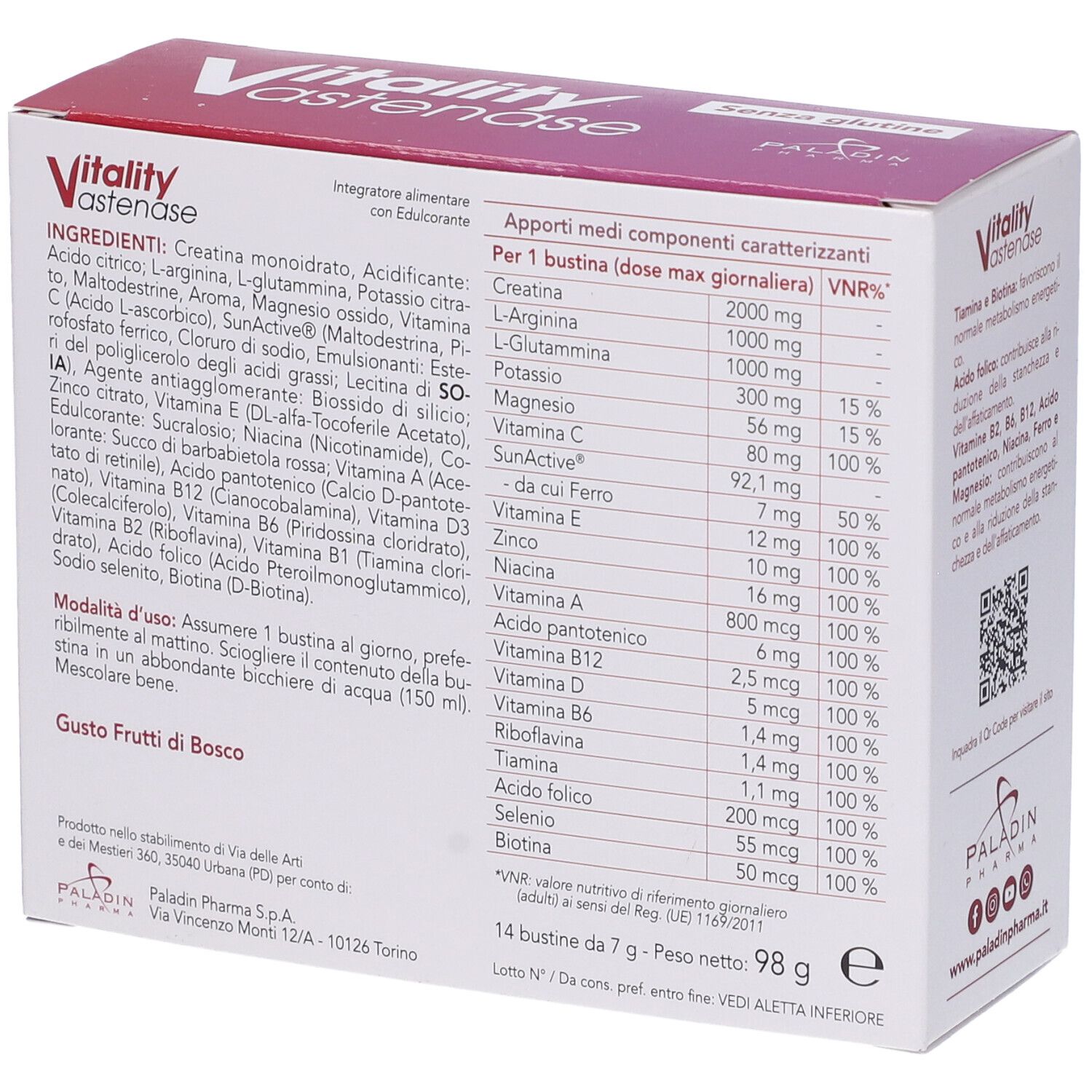 Retro della confezione Vitality Astenase. Contiene ingredienti e informazioni nutrizionali. Logo Paladin Pharma.