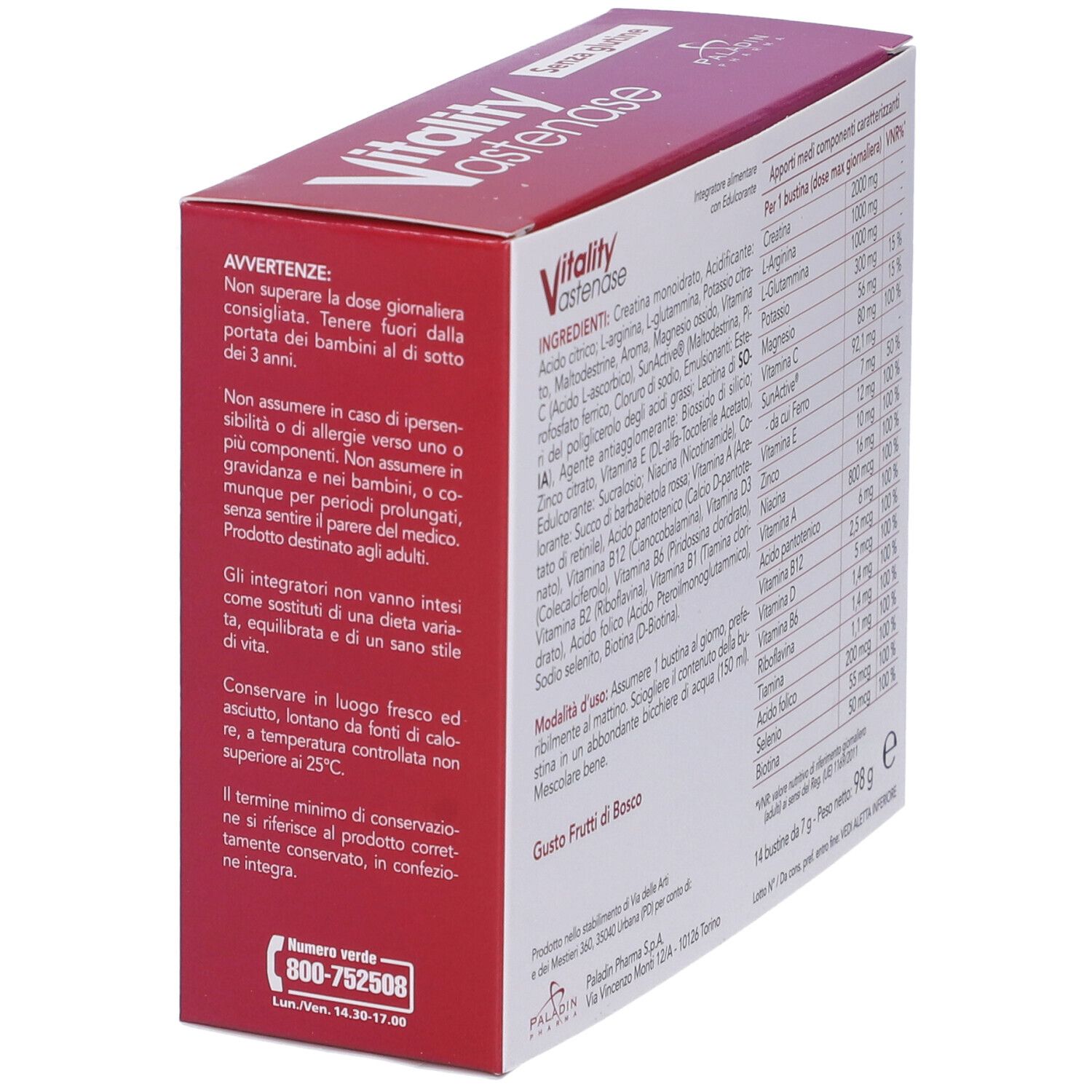 Retro della confezione Vitality Astenase. Contiene avvertenze e istruzioni per l'uso. Logo Paladin Pharma.