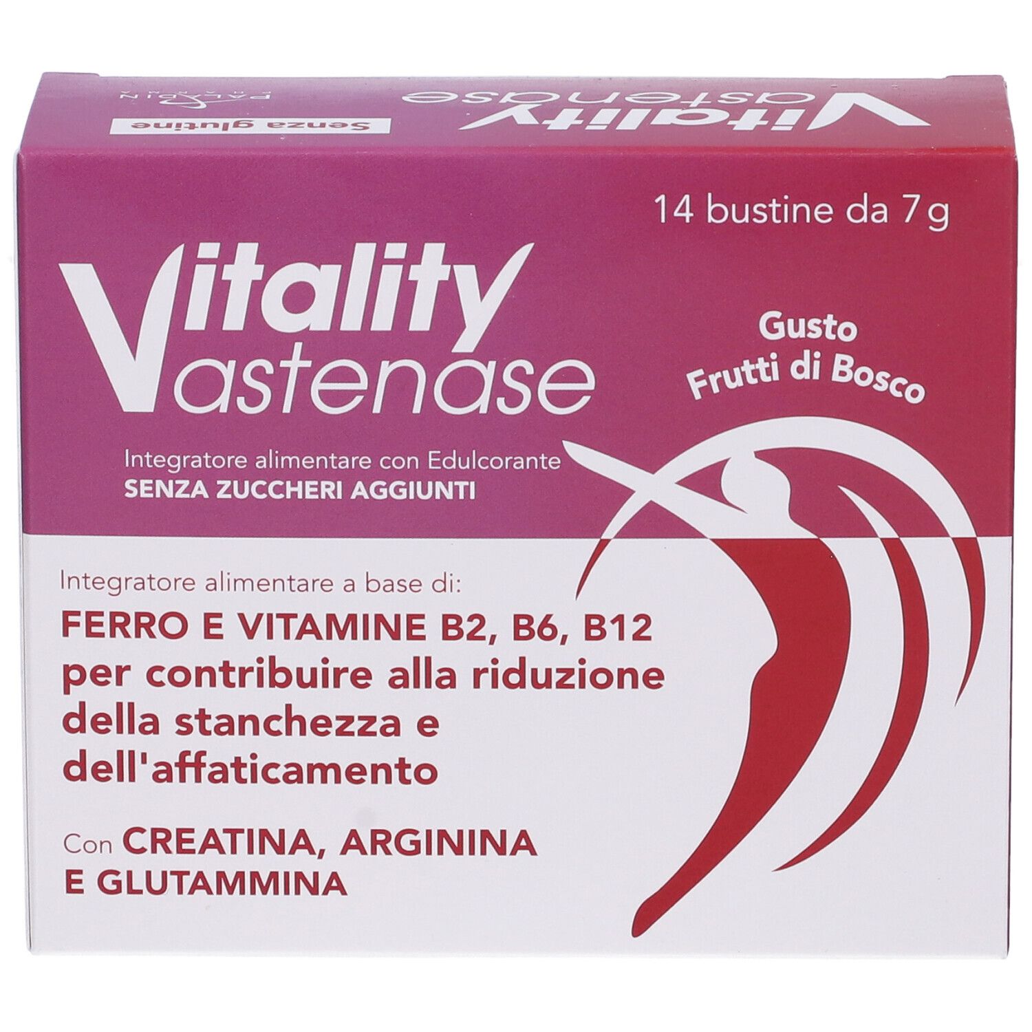 Confezione di Vitality Astenase. Contiene 14 bustine da 7g. Gusto frutti di bosco. Contiene ferro, vitamine B2, B6, B12.
