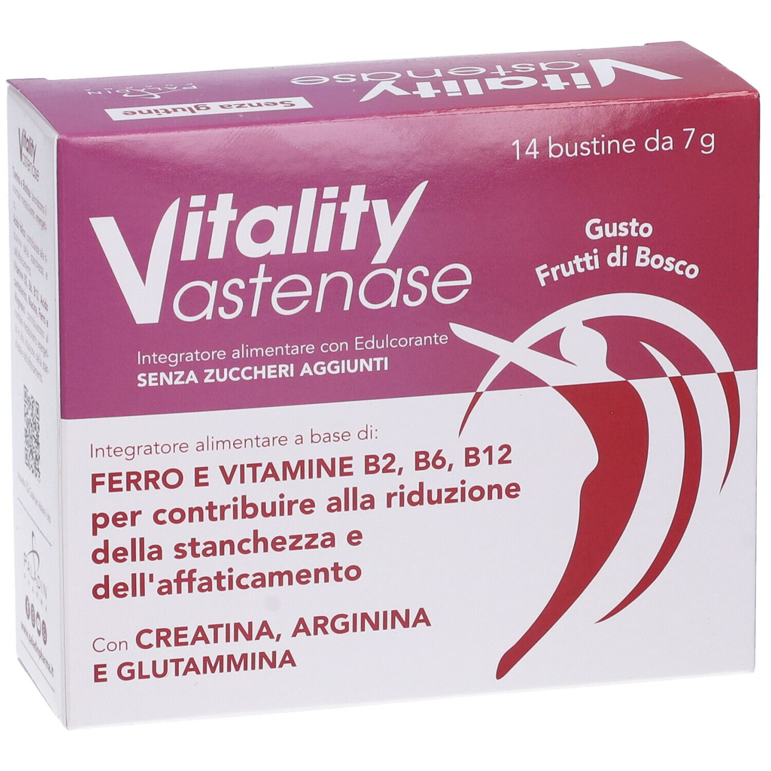 Confezione di Vitality Astenase. Contiene 14 bustine da 7g. Gusto frutti di bosco. Contiene ferro, vitamine B2, B6, B12.