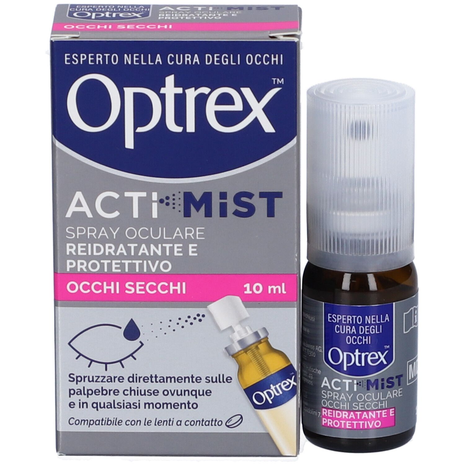 Optrex ActiMist Spray e confezione. Flacone con spruzzatore. Scritto: occhi secchi e stanchi. Reidratante e protettivo. 10 ml.