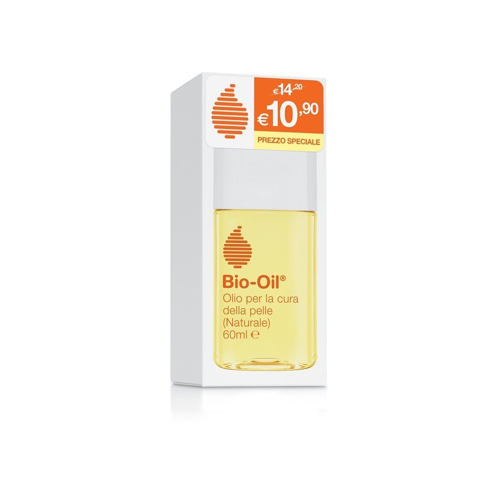 Flacone di Bio-Oil in confezione bianca. Etichetta prezzo con €10,90. Scritta: Olio per la cura della pelle (Naturale).