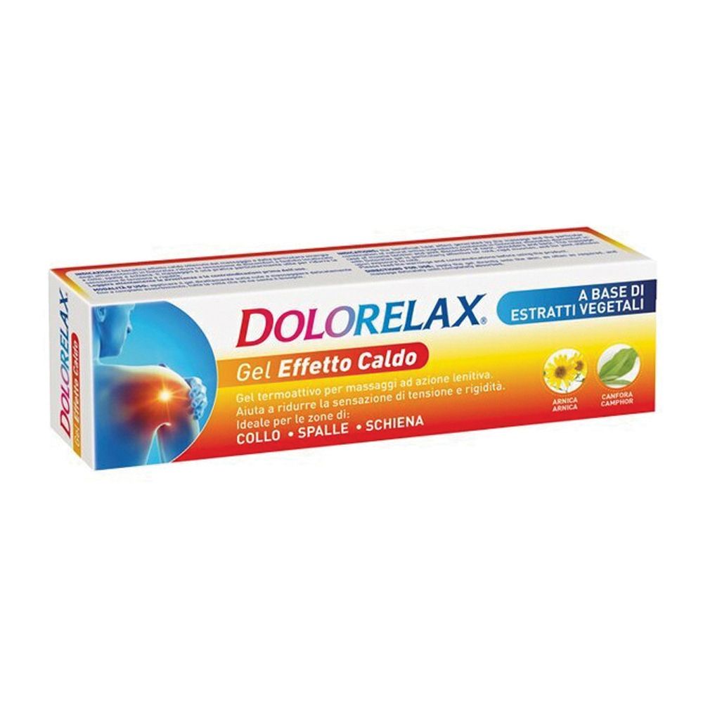 Confezione di Dolorelax Gel Caldo. Scatola rossa, gialla e bianca con nome del prodotto e illustrazioni. Contiene estratti vegetali.