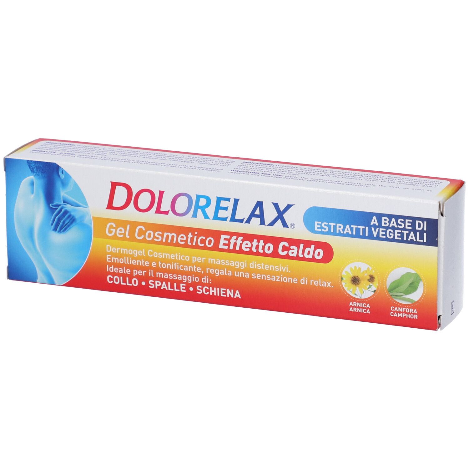 Confezione Dolorelax Gel Caldo. Scatola rossa, gialla e bianca con nome del prodotto e illustrazioni. Contiene estratti vegetali.