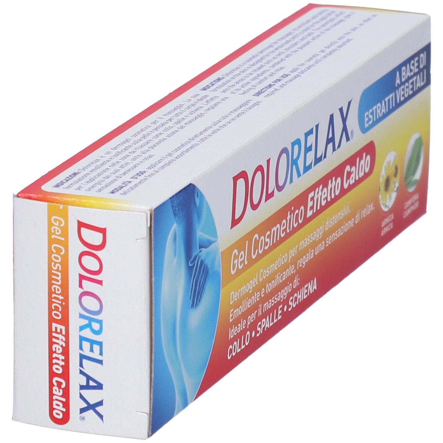 Confezione Dolorelax Gel Caldo in prospettiva. Scatola rossa, gialla e bianca. Nome del prodotto e illustrazioni visibili.