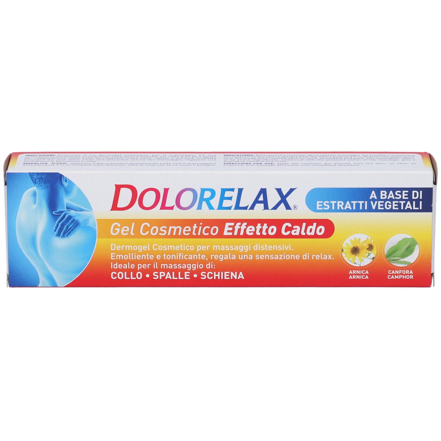 Confezione Dolorelax Gel Caldo. Scatola rossa, gialla e bianca con nome del prodotto e illustrazioni. Contiene estratti vegetali.