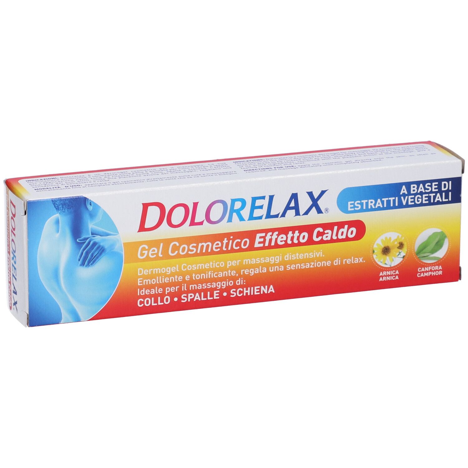Confezione Dolorelax Gel Caldo. Scatola rossa, gialla e bianca con nome del prodotto e illustrazioni. Contiene estratti vegetali.
