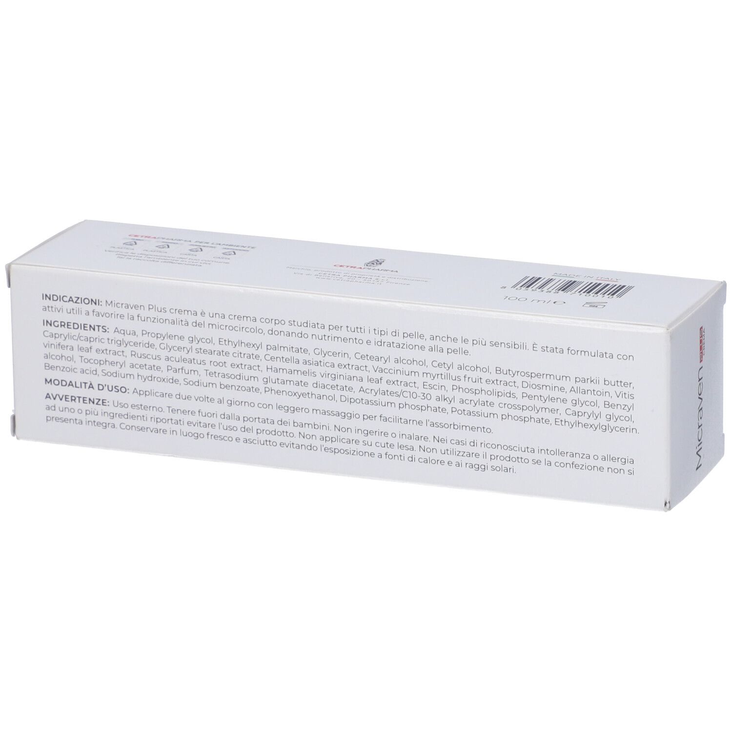 Scatola bianca con testo. Scritto: Micraven Plus Crema. Ingredienti e istruzioni per l'uso.
