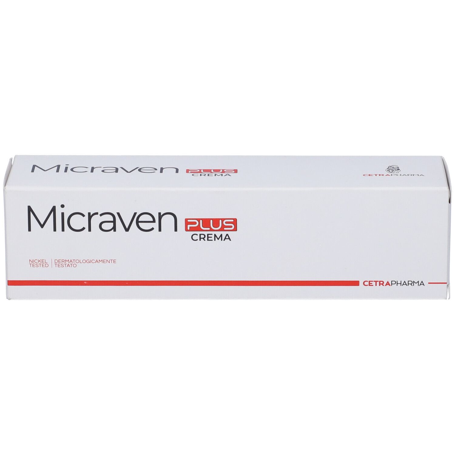 Scatola bianca con testo rosso. Scritto: Micraven Plus Crema. Logo e testo di Cetrapharma.