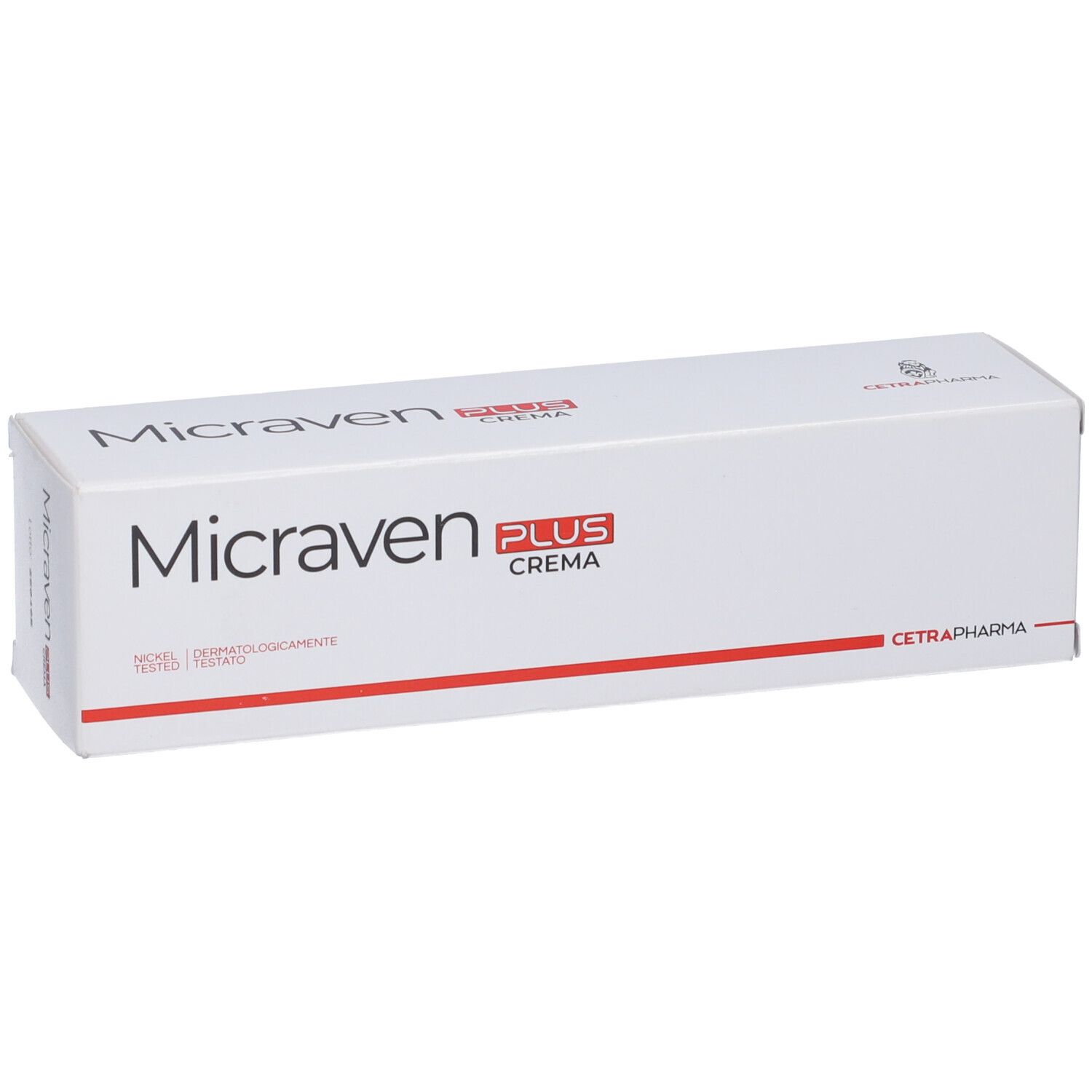 Scatola bianca con testo rosso. Scritto: Micraven Plus Crema. Logo e testo di Cetrapharma.