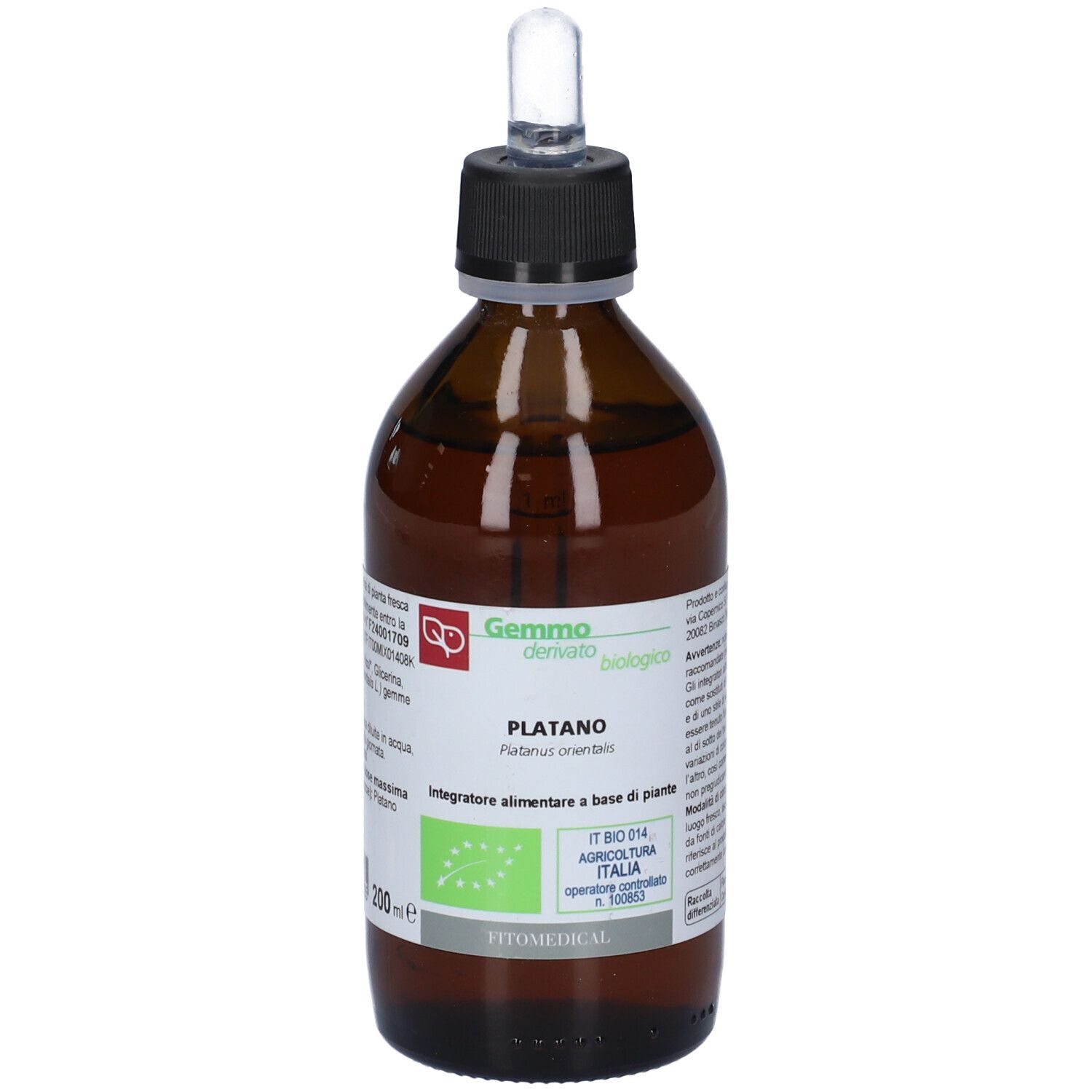 Flacone di vetro marrone con tappo nero e pipetta. Etichetta con nome del prodotto e marchio bio. Gemmo derivato.