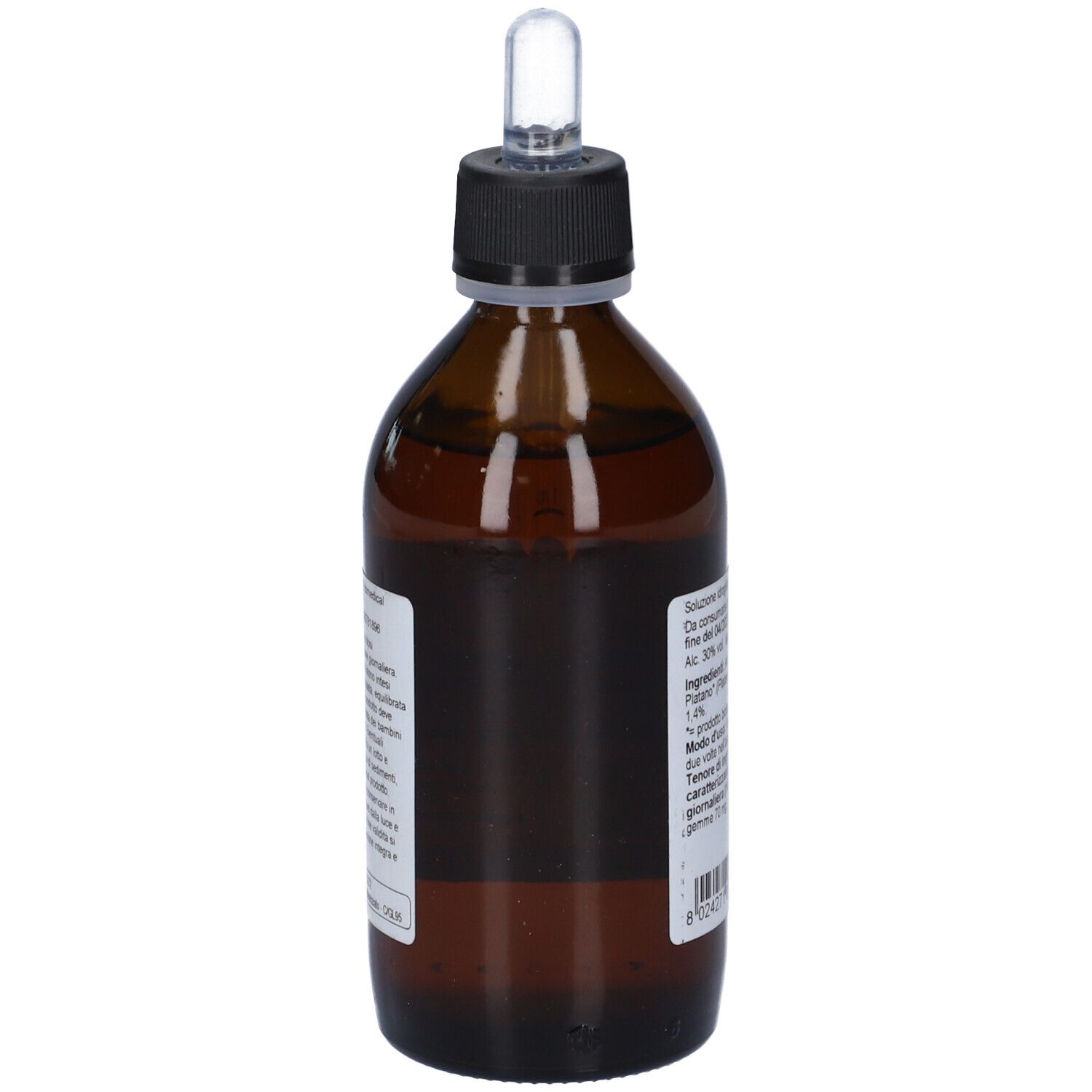 Flacone di vetro marrone con tappo nero e pipetta. Etichetta con informazioni e marchio bio. 200 ml.