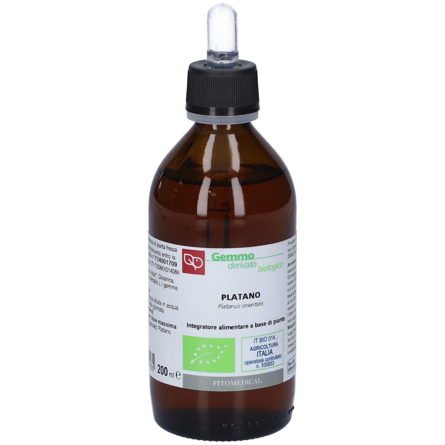 Flacone di vetro marrone con tappo nero e pipetta. Etichetta con informazioni e marchio bio. 200 ml.