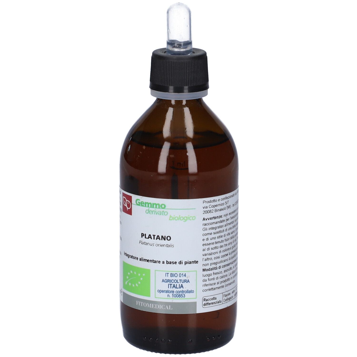 Flacone di vetro marrone con tappo nero e pipetta. Etichetta con informazioni e marchio bio. 200 ml.