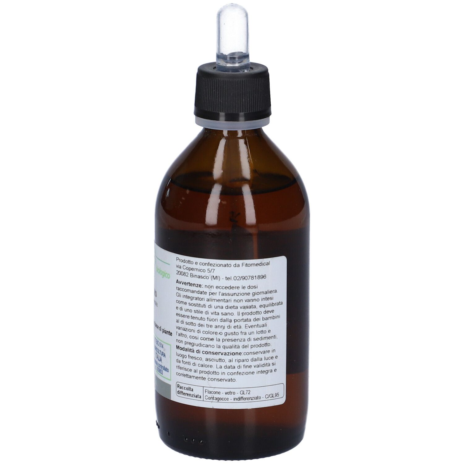 Flacone di vetro marrone con tappo nero e pipetta. Etichetta con informazioni e marchio bio. 200 ml.