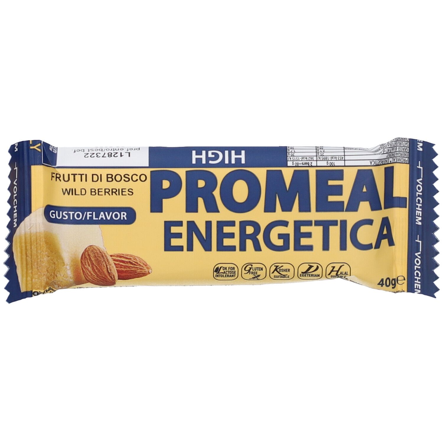 Barretta energetica Promeal Energetica, gusto frutti di bosco. Mandorle visibili. Scritta: 40g, senza glutine.