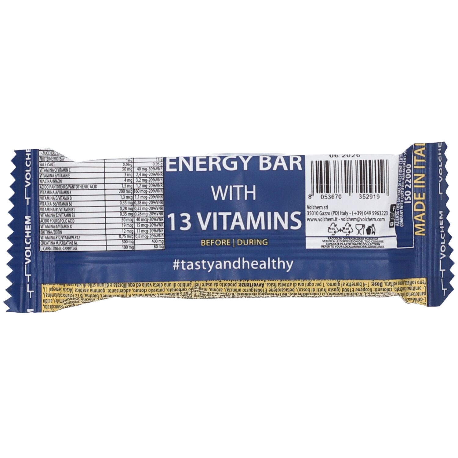 Retro della barretta energetica. Contiene 13 vitamine. Scritta: #tasteandhealthy. Prodotto in Italia.