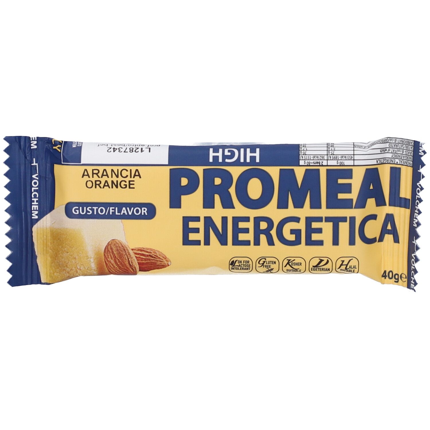 Barretta energetica gusto arancia e mandorle. Confezione gialla con nome e logo del prodotto. Contiene 40g.
