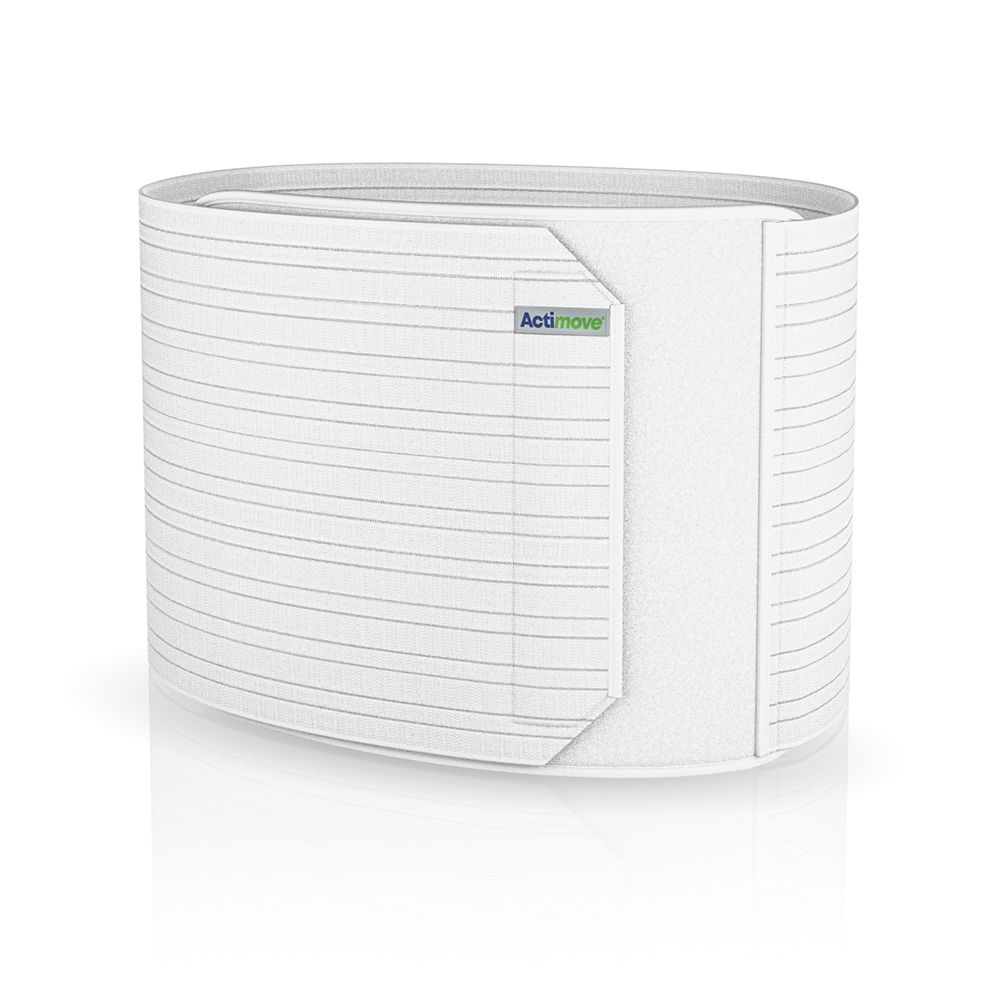 Actimove Abdominal Binder Comfort bianco, con strisce orizzontali. Logo sul davanti. Vista del prodotto.