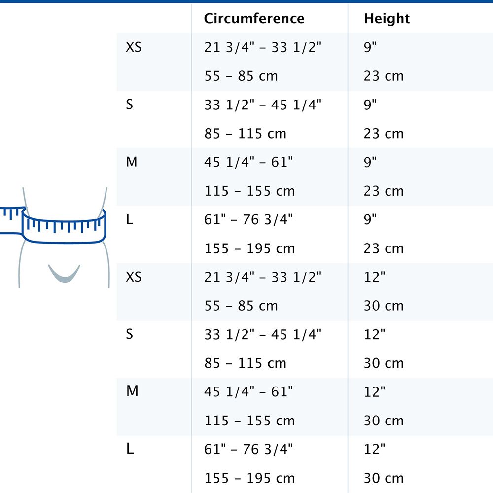 Tabella taglie per Actimove Abdominal Binder Comfort. Taglie XS, S, M, L. Circonferenza e altezza in cm e pollici.