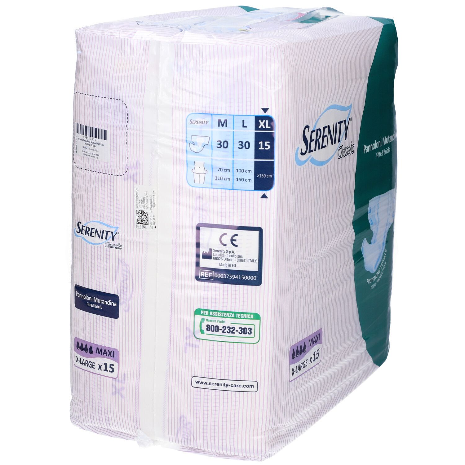 Confezione Serenity Classic Maxi, X-Large, 15 pezzi, con indicazioni taglia.