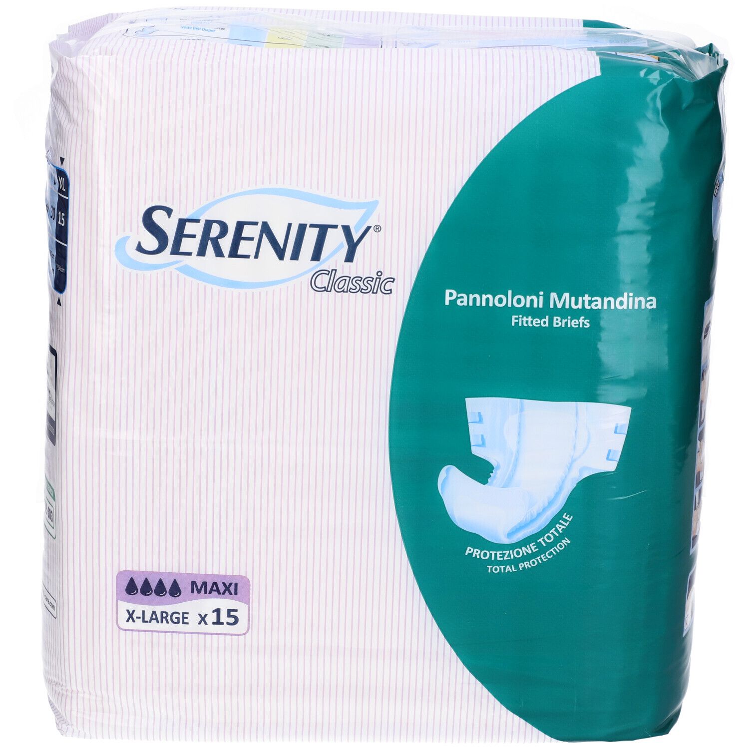 Confezione Serenity Classic Maxi, X-Large, 15 pezzi, con illustrazione del prodotto.