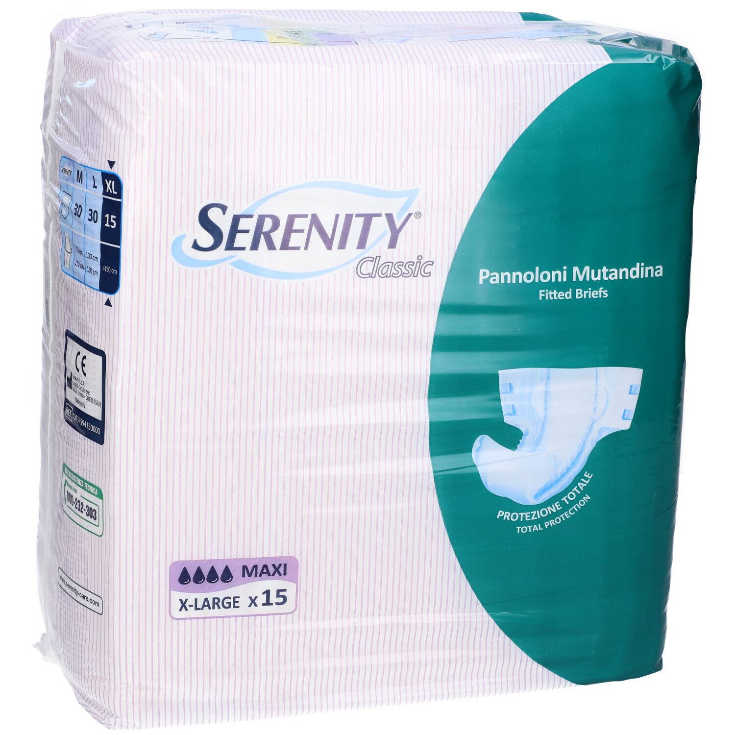 Confezione Serenity Classic Maxi, X-Large, 15 pezzi, con indicazioni taglia e quantità.