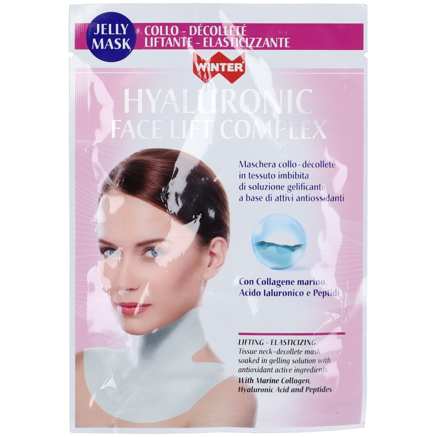 Maschera collo-décolleté in confezione. Scritta: Hyaluronic Face Lift Complex, Winter. Maschera sul collo di una donna.