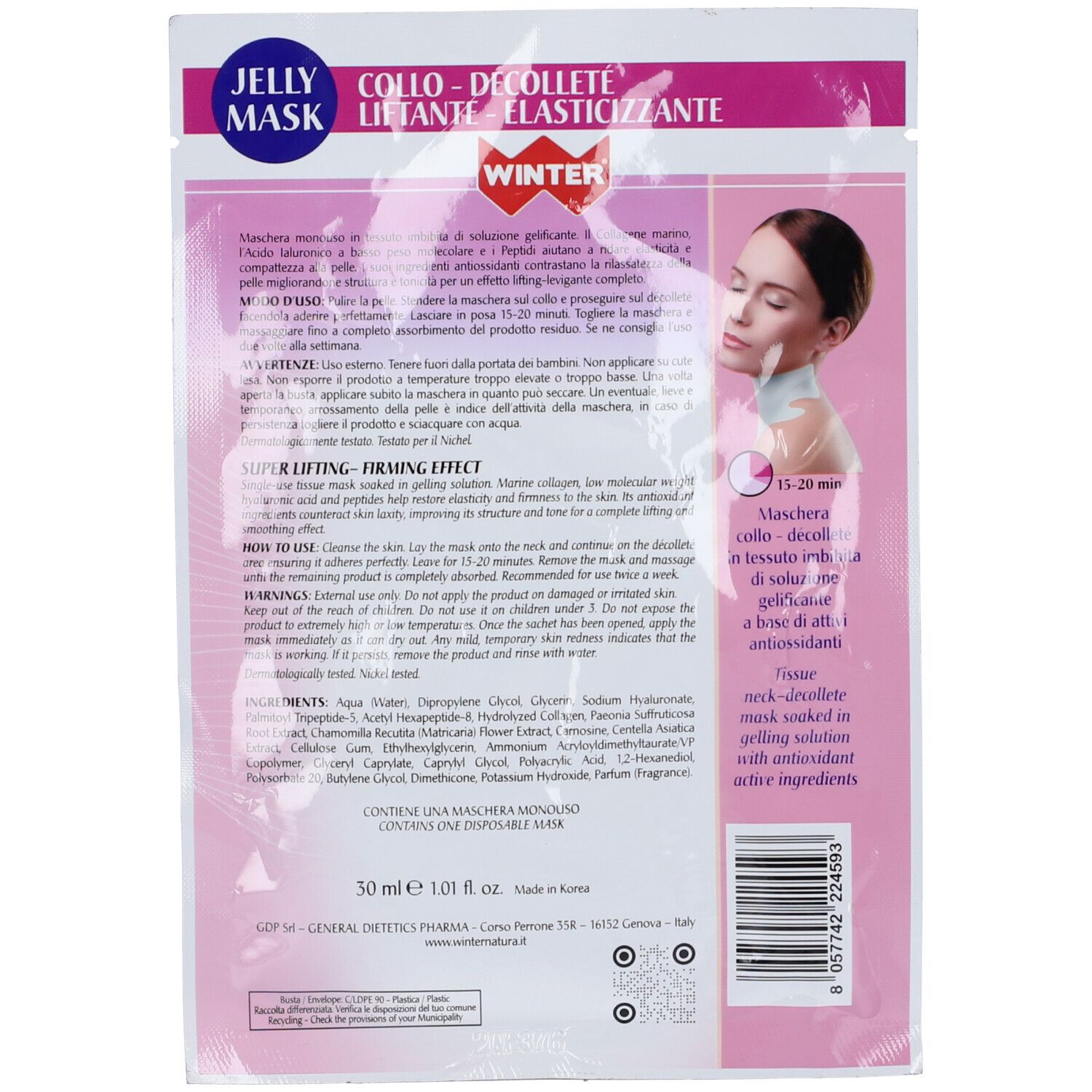 Retro della confezione della maschera collo-décolleté. Testo: Hyaluronic Face Lift Complex, Winter. Ingredienti, istruzioni per l'uso.