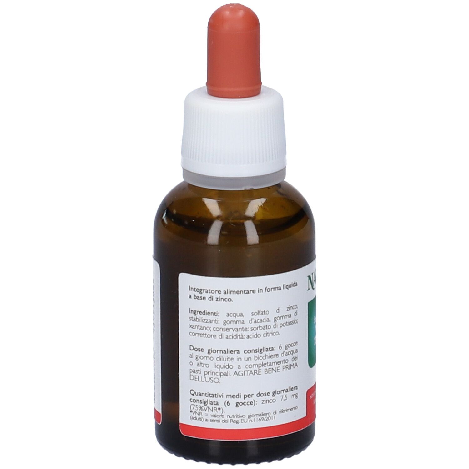 Retro del flacone di vetro marrone. Informazioni testuali in italiano. Ingredienti e istruzioni per il dosaggio.