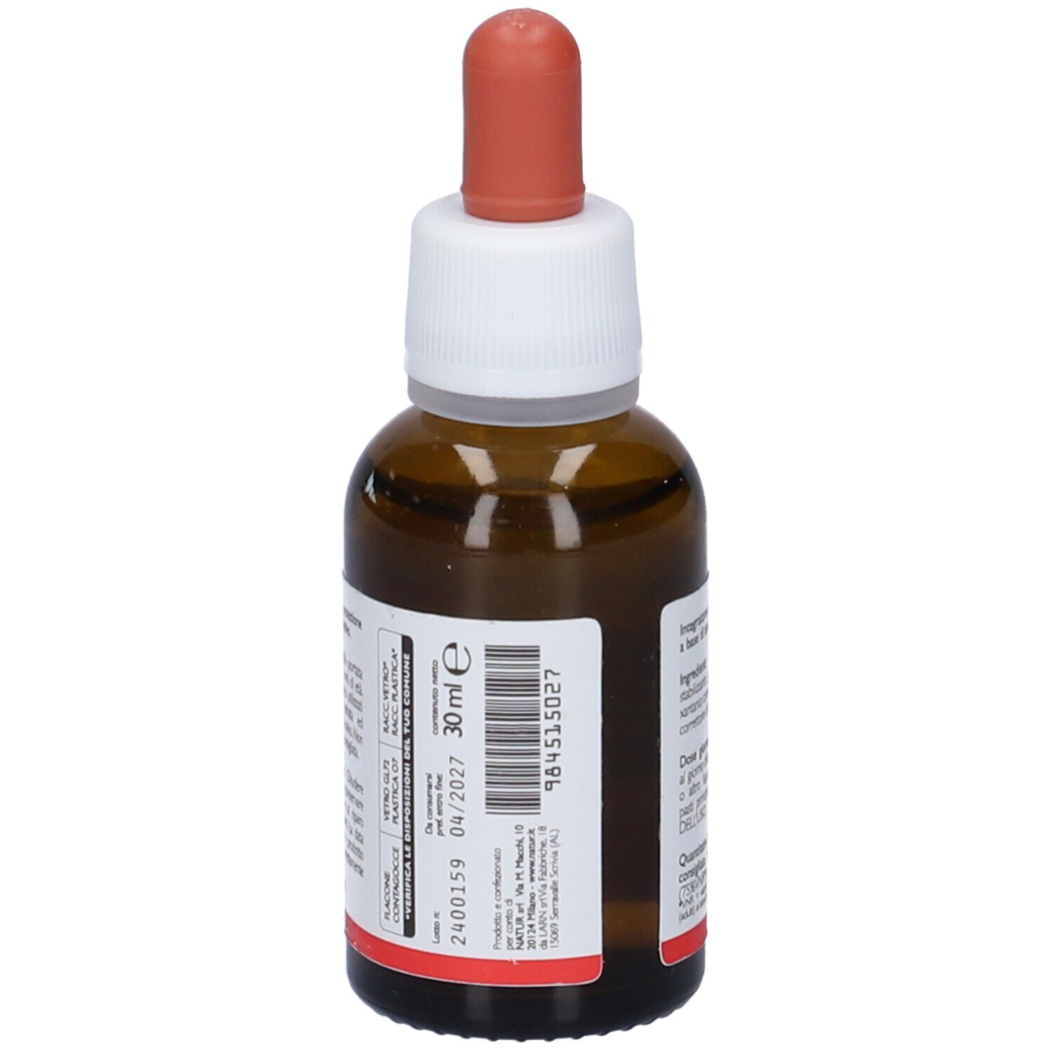 Vista posteriore del flacone di vetro marrone. Etichetta con numero di lotto, data di scadenza e codice a barre.